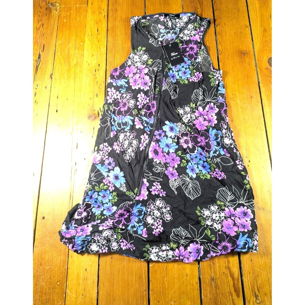 Trenz by Theresa Renz Shirt Women's Large Dress Rayon Floral Zipper Accent Black